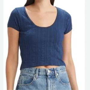 Madewell Pointelle Navy Scoop Neck Crop Top